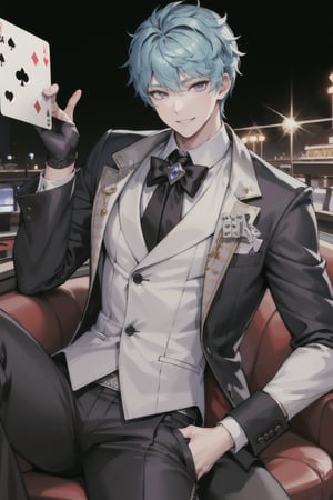 1boy, Esker, blue hair, Purple eyes, solo muscle, casino, playing cards, trusted, elegant suit