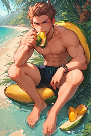 score_9, score_8_up, score_7_up, score_6_up, score_5_up, source_anime, male focus, solo, toned_male, looking_at_viewer, full body, pkmn_swim, Beach, palm_tree, bananas, eating