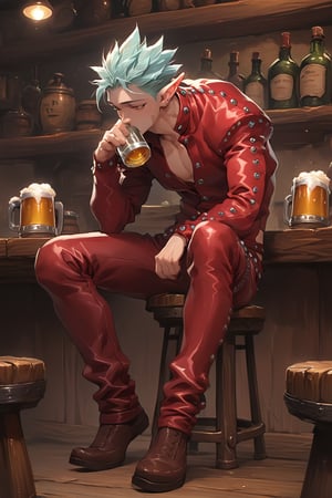 score_9, score_8_up, score_7_up, score_6_up, score_5_up, source_anime, male focus, solo, toned_male, slim, full body, Ban7, tavern, sitting, drinking beer, Leather Jacket, Leather Pants, red, clothes, elf_ears 