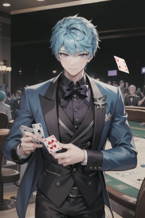 1boy, Esker, blue hair, Purple eyes, solo muscle, casino, playing cards, trusted, elegant suit