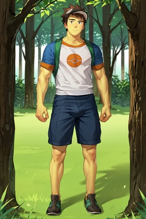 score_9, score_8_up, score_7_up, score_6_up, score_5_up, source_anime, toned_male, good face, masterpiece, male focus, solo, toned_male, full body, Naoki, Bara,GO_pokemon, brown hair, visor cap, forest, tall grass, short sleeve t-shirt, shorts, yellow skin