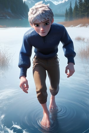 score_9, score_8_up, score_7_up, score_6_up, score_5_up, source_anime, male focus, solo, toned_male, muscle, full body, Jackfrost, frozen lake, over the lake, frozen water,