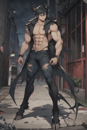 sadao_maou, red eyes, black hair, bull legs, hooves, black fur, demon horns, muscular, torn clothes, transformation, city, 1boy, hooved legs, angry, nj5furry, muscular legs, muscular chest, 
