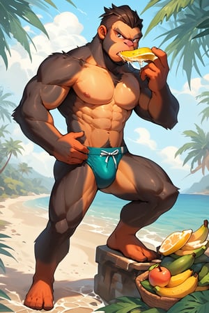 score_9, score_8_up, score_7_up, score_6_up, score_5_up, source_anime, male focus, solo, toned_male, muscle, looking_at_viewer, full body, pkmn_swim, Beach, palm_tree, bananas, eating, furry leg, furry arms, furry chest, gorilla furry, 