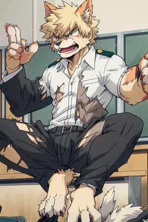 furry, 1boy, Katsuki_Bakugo, (transformation1.5), Furry_feet, male, muscle, classroom, torn_clothes, uniform, angry, anthro_domestic_cat, cat_ears, hands, 