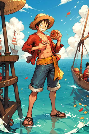 score_9_up, score_8_up, score_7_up, score_6_up, High quality, 1 boy, luffy, straw hat, Luffy, Smiling, male focus, solo, muscle, full body, eating, Pirate Ship, 