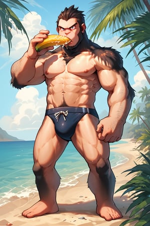 score_9, score_8_up, score_7_up, score_6_up, score_5_up, source_anime, male focus, solo, toned_male, muscle, looking_at_viewer, full body, pkmn_swim, Beach, palm_tree, bananas, eating, gorilla leg, hairy arms, hairy chest, gorilla, 
