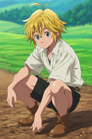 meliodas_nanatsu_no_taizai, blonde hair, green eyes, solo, male, full body, depth of field, white shirt, black shorts, smile, 