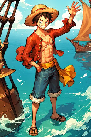 score_9_up, score_8_up, score_7_up, score_6_up, High quality, 1 boy, luffy, straw hat, Luffy, Smiling, male focus, solo, muscle, (full body), seashore, Pirate Ship, 