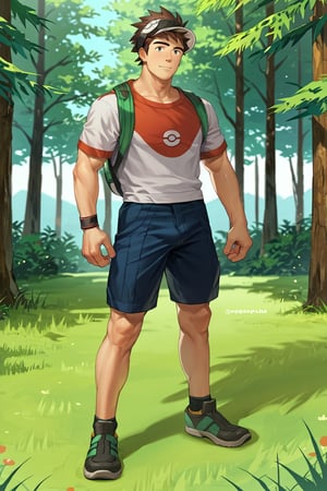 score_9, score_8_up, score_7_up, score_6_up, score_5_up, source_anime, toned_male, good face, masterpiece, male focus, solo, toned_male, full body, Naoki, Bara,GO_pokemon, brown hair, visor cap, forest, tall grass, short sleeve t-shirt, shorts, 