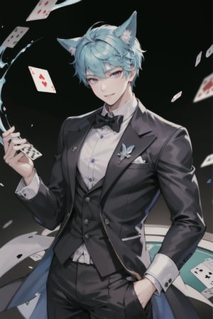 1boy, Esker, blue hair, Purple eyes, solo muscle, casino, playing cards, trusted, elegant suit, fox ears,