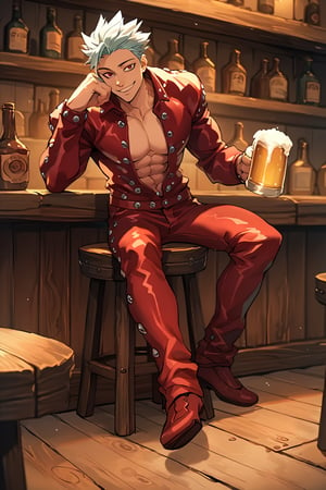score_9, score_8_up, score_7_up, score_6_up, score_5_up, source_anime, male focus, solo, toned_male, slim, full body, Ban7, tavern, sitting, drinking beer, Leather Jacket, Leather Pants, red, clothes, good lighting, smile, masterpiece, Open Clothes