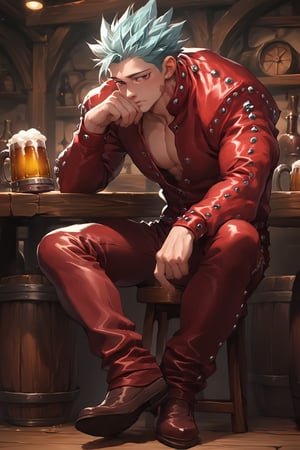 score_9, score_8_up, score_7_up, score_6_up, score_5_up, source_anime, male focus, solo, toned_male, muscle, looking_at_viewer, (full body), Ban7, tavern, sitting, drinking beer, Leather Jacket, Leather Pants, red, clothes, 