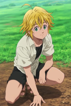 meliodas_nanatsu_no_taizai, blonde hair, green eyes, solo, male, full body, depth of field, white shirt, black shorts, smile, 