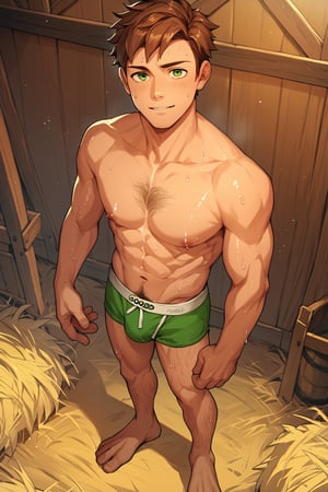 score_9, score_8_up, score_7_up, score_6_up, score_5_up, source_anime, toned_male, looking_at_viewer, good face, masterpiece, male focus, solo, toned_male, full body, Alex_SDV, Brown Hair, Green Eyes, farm, standing, (sweating), sweat, goats, straw, hairy chest, shirtless, green underwear, hairy leg, no jackets, without pants