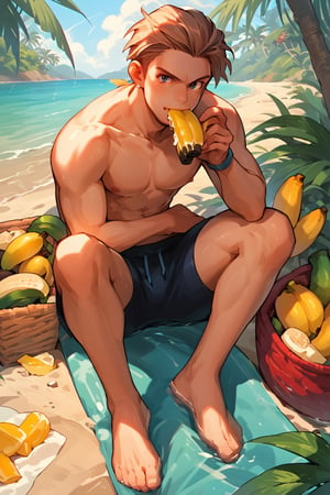 score_9, score_8_up, score_7_up, score_6_up, score_5_up, source_anime, male focus, solo, toned_male, looking_at_viewer, full body, pkmn_swim, Beach, palm_tree, bananas, eating