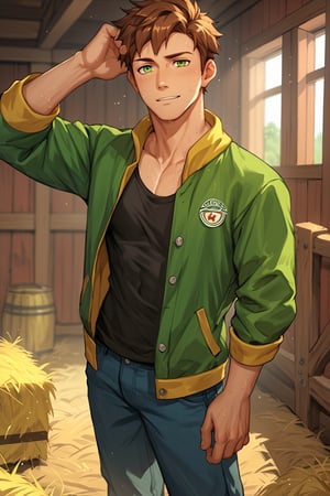 score_9, score_8_up, score_7_up, score_6_up, score_5_up, source_anime, toned_male, looking_at_viewer, good face, masterpiece, male focus, solo, toned_male, full body, Alex_SDV, Brown Hair, Green Eyes, farm, standing, sweating, Green Jacket, Black Shirt, goats, straw