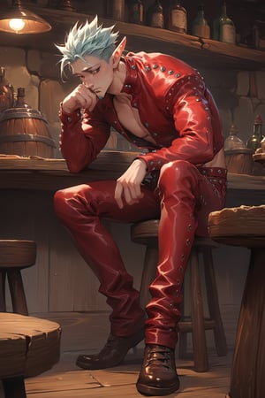 score_9, score_8_up, score_7_up, score_6_up, score_5_up, source_anime, male focus, solo, toned_male, slim, full body, Ban7, tavern, sitting, Leather Jacket, Leather Pants, red, clothes, elf_ears , goatee, Broken shoes