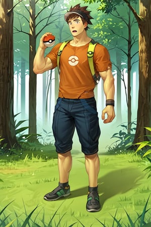 score_9, score_8_up, score_7_up, score_6_up, score_5_up, source_anime, toned_male, good face, masterpiece, male focus, solo, toned_male, full body, Naoki, Bara,GO_pokemon, brown hair, visor cap, forest, tall grass, short sleeve t-shirt, shorts, yellow skin, (torn clothes), surprise, 