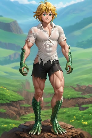 meliodas_nanatsu_no_taizai, blonde hair, green eyes, solo, male, full body, depth of field, white shirt, black shorts, smile, barefeet, standing, Ripped shirt, muscle, shiny scales, green scales, claws on feet