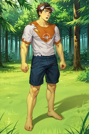 score_9, score_8_up, score_7_up, score_6_up, score_5_up, source_anime, toned_male, good face, masterpiece, male focus, solo, toned_male, full body, Naoki, Bara,GO_pokemon, brown hair, visor cap, forest, tall grass, short sleeve t-shirt, shorts, yellow skin, (torn clothes), surprise, 