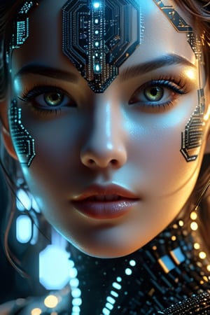 Masterpiece, uhd, 8k. Breathtakingly beautiful young woman, mysterious, unconventional portrait in glowing ASCII symbols, in the style of karol bak. sharp focus.Perfect luminescent glowing eyes. Full lips. detailed cybernetic motherboard background. Stunning, alluring, mesmerizing. volumetric backlighting, ray tracing 