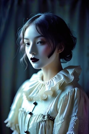 Pierrot girl, uncanny pastels, Hamaguchi-inspired, textured melancholy, eerie vintage
distorted proportions, silent scream, dissonance in moonlit gloom.