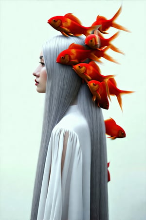 A woman with long gray hair and red fish on her head, in the style of Harriet Lee-Merrion.