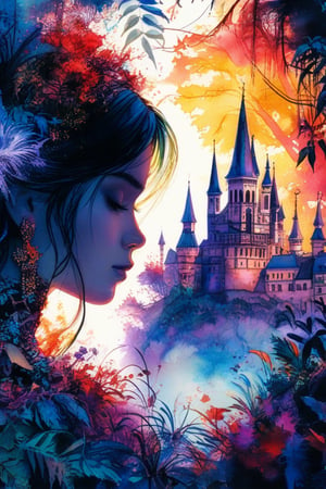 2d Ultra-high definition watercolor ink art, cool toned vibrant deep vivid, in the style of Greg Simkins, Andi Soto, Carne Griffiths. Side view colored solid silhoette of a woman superimposed against a castle with overgrown lush vegetation, cinematic, raw, sharp focus, masterpiece