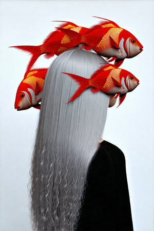 A woman with long gray hair and red fish on her head, in the style of Harriet Lee-Merrion.