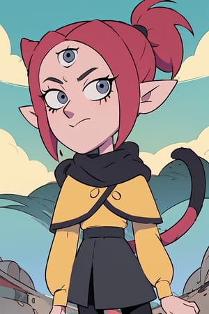 Trhee eyes,AmityS1,luz_timeskip, three eyes, 1girl, blue eyes, dark pink hair, an eye in forehead, 3eyes, yellow leggings, yellow sleeves, black capelet, black belt, pointy ears, gray tunic, black boots, perfect anatomy, dark pink hair, ponytail hair, gray scarf, detailed eyes, detailed third eye, gray skirt,  gray scarf, short hair, ponytail tail, 1girl, solo, master piece, perfect body, a cat tail on her, perfect face, perfec nose, 1girl, perfect anatomy, front body view, front face view, one tail, female_solo, front body view, looking_at_camera, looking-at-viewer, pov_eye_contact , masterpiece, best quality, upper_body, car_tail, with_tail, boscha with tail, boscha_with_a_tail, girl_with_tail, front view, cat_tail_in_her, perfect tail anatomy, defined tail, perfect cat tail, tail in body, slim tail, conected tail to body, perfect tail anatomy, correct nose, perfect nose, 5fingers, 1 cat tail, one cat tail, 1tail, cartoon, perfect face, kemono, perfect mouth, 5 fingers, perfect hands, perfect tail, tail in perfect position,cartoon, gray clothes, detailed third eye, perfect eyes, perfect third eye, perfect eye in forehead ,demonic third eye
