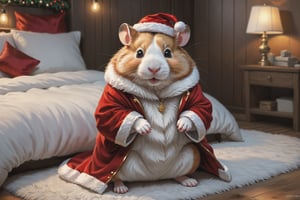 ((full body)) Photo, a hamster. digital art, 8K resolution, ultra quality,  intricate details, highly detailed, greg rutkowski, more detail XL , Clear picture quality , giant cute hamster , A soft and fluffy hamster , bedroom background , Cozy and warm feeling , human-sized hamster , santa costume

