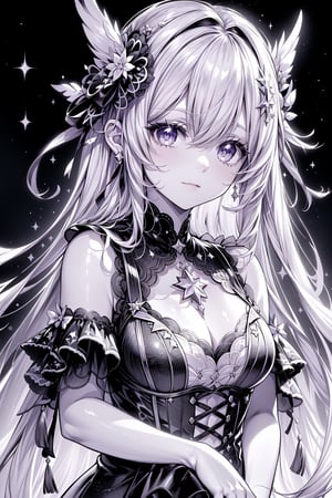 1girl, solo, long hair, looking at viewer, blush, bangs, hair ornament, hair between eyes, monochrome, greyscale, virtual youtuber, star \(symbol\), sparkle, crescent, portrait, star hair ornament, crescent hair , masterpiece,1 girl , clarity , realism