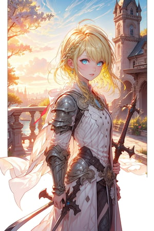 8k , 8k Ultra HD , Clear picture quality , high resolution , high quality ,  midjourney , Enhance, 

yellow hair , blue eyes , armor , wear a sword , 1girl , castle background
