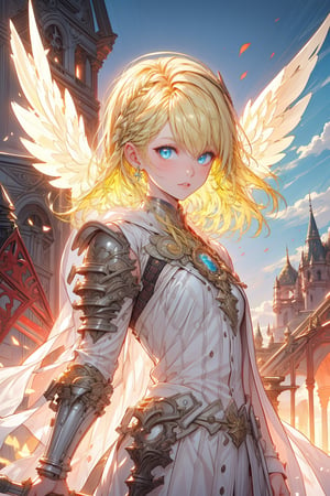 8k , 8k Ultra HD , Clear picture quality , high resolution , high quality ,  midjourney , Enhance, 

yellow hair , blue eyes , armor , wear a sword , 1girl , castle background , angel ring on head 
,midjourney