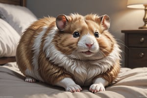 ((full body)) Photo, a hamster. digital art, 8K resolution, ultra quality,  intricate details, highly detailed, greg rutkowski, more detail XL , Clear picture quality , giant cute hamster , A soft and fluffy hamster , bedroom background , Cozy and warm feeling , human-sized hamster

