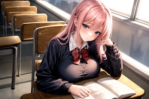 1 girl, otaku, disheveled, with long pink hair, blue eyes , perfect hands , big_breasts,  better_hands, realhands , School uniforms , Backgrounds in the classroom , She is sitting at her desk, looking at a book, listening to a class