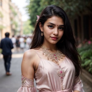 beautiful cute young attractive indian teenage girl, village girl, 18 years old, cute,  
Instagram model, long black_hair, colorful hair, warm, dacing,
her skin is fair,stylish black hair, ultra realistic face, 
curvy body,beautiful face, 16k, FHD, raw photo, 
pretty face mesh, detailed face, detailed eyes, detailed lips, 
She wear a pink silk dress. Flowers and butterflies everywhere. 8k. Hyperdeytails. Blue eyes, pink lips, pure soft skin. High depth of field,
random background,random pose,
red lipstic,
pretty face mesh, 
wedding photography, body parts front view,
concept art, looking at camera, full body in frame, 
masterpiece