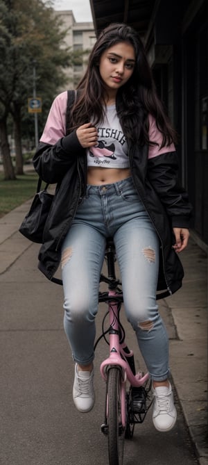 Lovely cute young attractive indian  girl, 18 years old, cute long black_hair,  black  hair,  They are wearing a  pink , patterned Jen's jacket and black jeans, varsity jacket , white shoes. Riding bike 