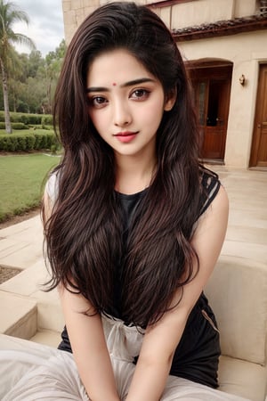 beautiful cute young attractive indian, more realstik, village girl, 18 years old, cute, Instagram model, long black_hair, colorful hair,indian, wearing luxury house outside