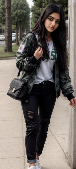 Lovely cute young attractive indian  girl, 18  years old, cute long black_hair,  black  hair,  They are wearing a  green , patterned Jen's jacket and black jeans, varsity jacket , white shoes. going for lomboghini Sesto
