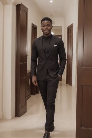 full body solo of a (Nigerian) man, smile, mansion interior background, 17 years old, detailed face, 