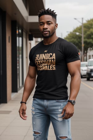 detailed face, standing, full body, solo, Male; Short, spiky brown hair with (warm brown eyes:1.1); African American with Jamaican and Irish ancestry; muscular body type; 30 years old; wearing a fitted black t-shirt, ripped jeans, and sneakers.