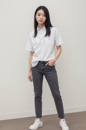 detailed face, standing, full body, solo, Medium-length straight black hair with piercing gray eyes; East Asian with Korean and Vietnamese ancestry; slim body type; 23 years old; dressed in a casual button-up shirt, jeans, and sneakers.