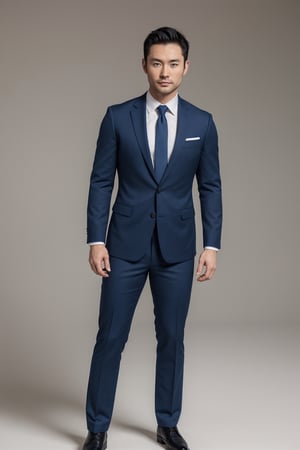 detailed face, standing, full body, solo, Male; Spiky black hair with (blue eyes:1.1); Asian with Japanese and Irish ancestry; muscular body type; 32 years old; dressed in a fitted suit with a crisp white shirt and a tie.
(blue eyes:1.1)