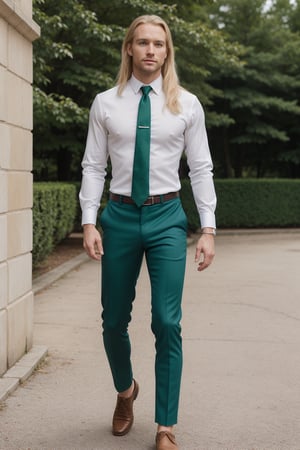 detailed face, standing, full body, solo, Long, flowing blonde hair with emerald green eyes; Caucasian with French and Irish ancestry; athletic body type; 30 years old; dressed in a tailored suit with a crisp white shirt and a silk tie.