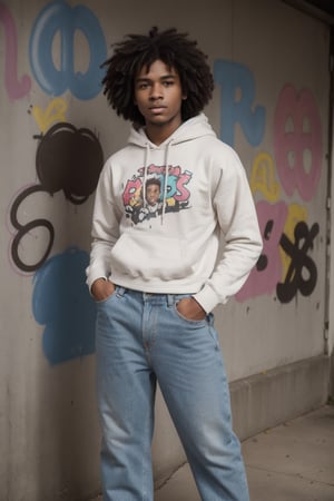 detailed face, standing,male, full body, solo, Tightly curled afro hair; deep brown eyes; African American with Barbadian and Nigerian heritage; athletic body type; 19 years old; dressed in baggy jeans, a hoodie emblazoned with graffiti art, and colorful sneakers.
