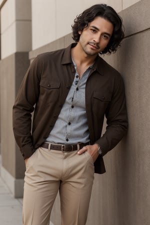 detailed face, standing, full body, solo, Male; Medium-length curly black hair with (deep brown eyes:1.1); Hispanic with Mexican and Italian ancestry; average body type; 30 years old; dressed in a button-up shirt, khaki pants, and loafers.