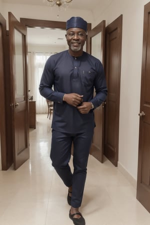 full body solo of a (Nigerian) man, smile, mansion interior background, 62 years old, detailed face, 