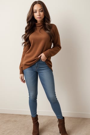 detailed face, standing, full body, solo, Female; Long, flowing chestnut hair with (hazel eyes:1.1); biracial with African American and Spanish ancestry; hourglass body type; 19 years old; dressed in a cozy oversized sweater, skinny jeans, and ankle boots.